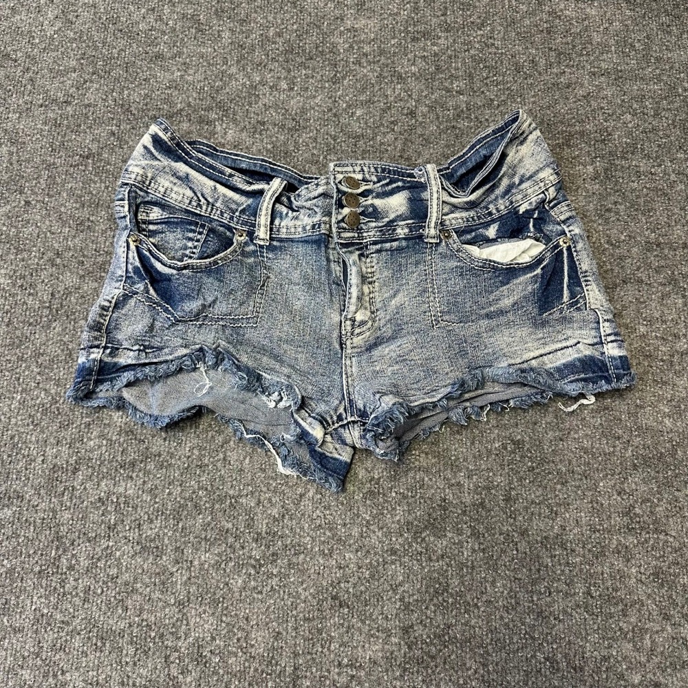 Low Rise Denim Shorts Womens Size 9 Blue Acid Wash Frayed Raw Hem Distressed Y2K